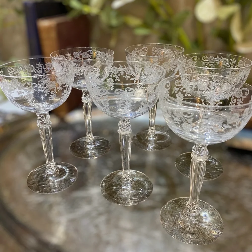40’s Fostoria Buttercup Set 6 Vintage Cocktail Liquor Stem Goblets Elegant Glass